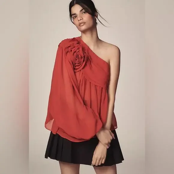 Farm Rio Red Rose Puff Sleeve One-Shoulder Blouse XL - Picture 4 of 10